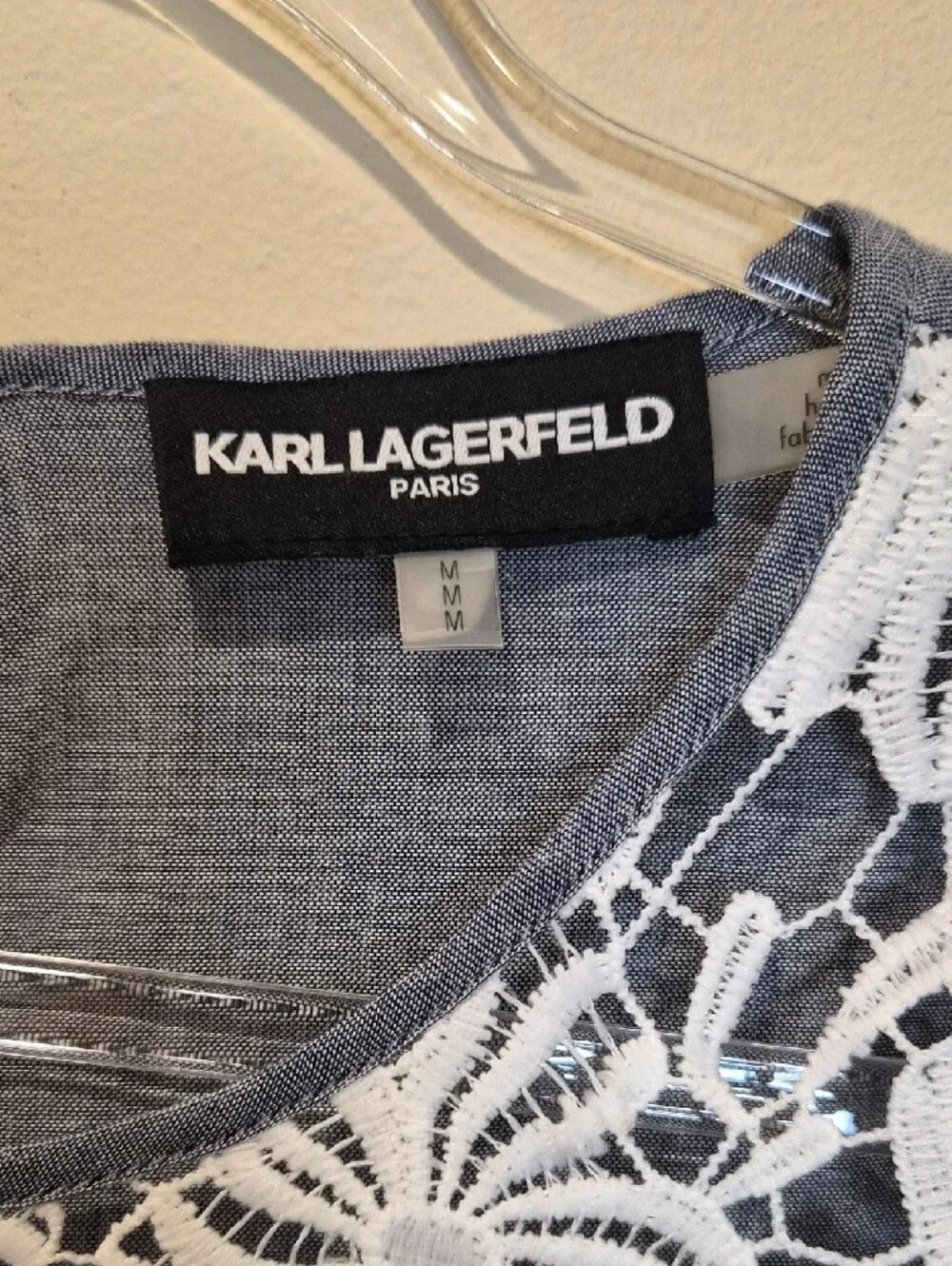 Karl Lagerfeld Cotton Blue Chambray Lace-Yoke Short Sleeve Blouse